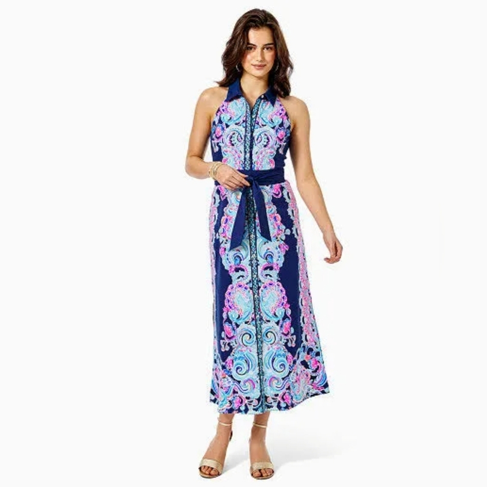 NWT Lilly Pulitzer Novah Stretch Midi Dress High Tide Navy Size 6